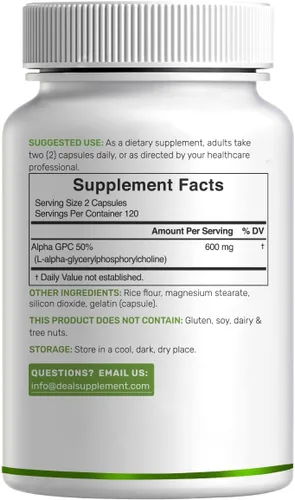 Vista 6 de Alpha GPC 600 mg por porción, 240 cápsulas – Reposición de colina biodisponible – Suplementos nootrópicos para la salud cerebral, memoria