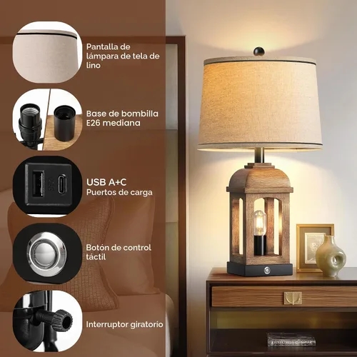Vista 7 de QiMH Lámpara de Mesa para Sala de Estar, Juego de 2 Lámparas de Estilo Rústico con USB A+C y Luz Nocturna, Lámparas de Mesita de Noche Rústicas