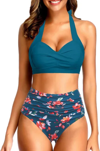 Vista 11 de Tempt Me - Traje de baño de dos piezas para mujer Bikini de cintura alta con cuello Halter vintage y retro, traje de baño con realce Bandera