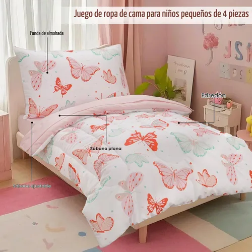 Vista 2 de david's kids Juego de ropa de cama de 4 piezas para niños pequeños - Juego de ropa de cama suave y transpirable para niñas, incluye edredón Mariposa
