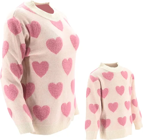 Vista 6 de Unique Baby Suéter de punto con cuello redondo para niñas Mommy and Me, Rosado con corazones