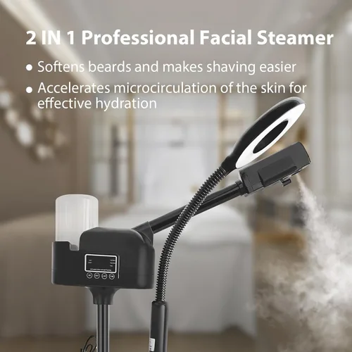 Vista 2 de Vaporizador facial profesional 2 en 1 para cara, lámpara de aumento LED 5X, vaporizador facial de ozono caliente para esteticista belleza,