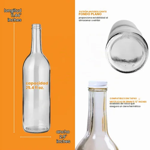Vista 3 de Botellas de vidrio transparente de 25.4 fl oz con tapas, paquete de 12 unidades W5 Burdeos, tapones de rosca blancos