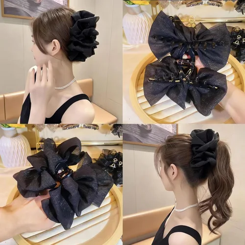 Vista 2 de Clip de pasador francés de satén sedoso con lazo grande para mujer, lazo de seda de gasa, clips de burbujas en capas de tul esponjoso, accesorios
