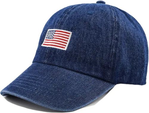 Vista 2 de Gorra de béisbol ajustable de perfil bajo 100% algodón con bandera de Estados Unidos y bordado