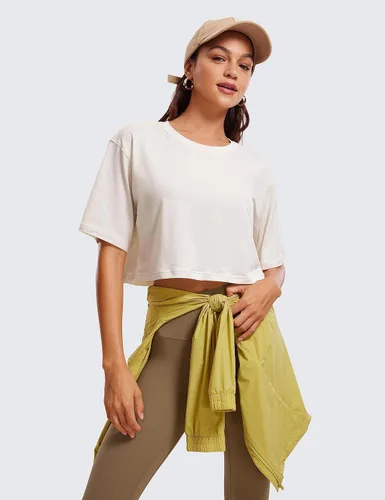 Vista 3 de CRZ YOGA - Camiseta corta para mujer, de algodón Pima, ombliguera de manga corta para entrenamiento y yoga, de estilo informal, camiseta deportiva