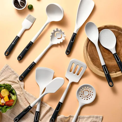 Vista 2 de Juego de utensilios de cocina de 13 piezas con soporte, herramientas de cocina de silicona, espátula ranurada, cuchara, espátula, espátula