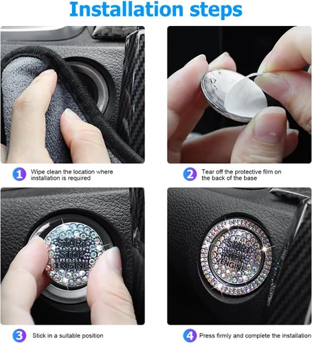 Vista 5 de BELOMI Anillo decorativo para botón de arranque y parada del motor de automóvil, 2 unidades, calcomanías protectoras para botón de arranque