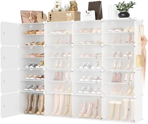 Vista 10 de Organizador portátil para zapatos con puerta, 48 pares de almacenamiento para zapatos, fácil de montar, plástico ajustable, organizador de zapatos