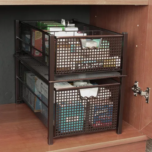 Vista 8 de Deco Brothers Cesta Deslizante Apilable Extraíble para Gabinete con Divisores, Grande, Bronce Organizador para debajo del fregadero, bronce