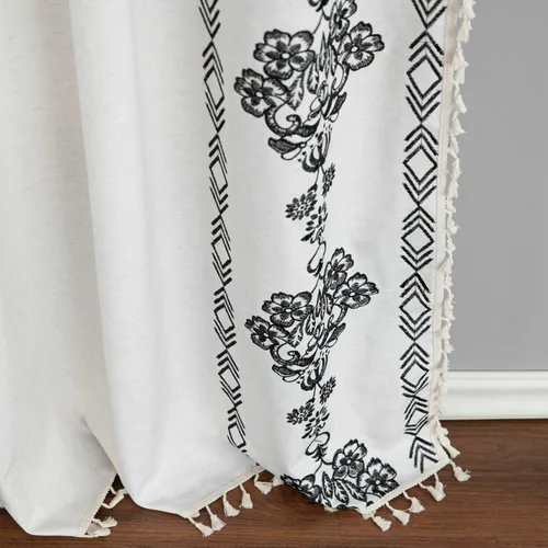 Vista 6 de VOGOL Cortinas bohemias de 84 pulgadas de largo, cortinas decorativas con textura de lino para sala de estar, patrón de flores negras, bolsillo