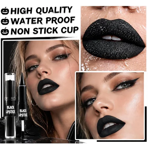 Vista 7 de Lápiz labial negro 2 en 1 para maquillaje de Halloween, brillo de labios 01#