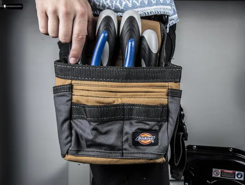 Vista 7 de Dickies Bolsa de almacenamiento de herramientas/utilidades de 11 bolsillos para cinturón de herramientas, lona duradera, respaldo resistente a