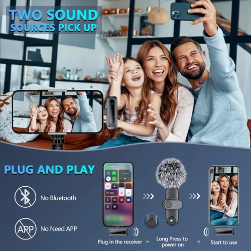 Vista 3 de RICCHI Micrófono inalámbrico para iPhone/iPad/teléfono Android, paquete de 2 mini micrófonos con cancelación de ruido y pantalla LED, micrófonos