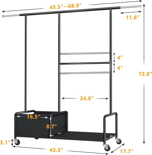 Vista 9 de Raybee Percheros para colgar ropa, perchero ajustable con ruedas bloqueables, estantes de almacenamiento, estante multifuncional para dormitorio
