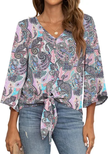 Vista 36 de VIISHOW Blusas de verano para mujer, con botones, cuello en V, de gasa, mangas acampanadas de 3/4, con nudo, casuales 01 Blanco
