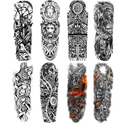 Vista 12 de Adhesivos de manga de tatuajes falsos de lobo león, brazo completo, dragón animal, tribal, mangas temporales de tatuaje para hombres, mujeres