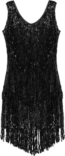 Vista 5 de Aislor Vestido de baile latino para mujer, con borlas y lentejuelas, vestido de baile de tango Negro