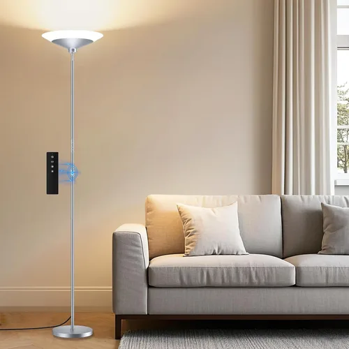 Vista 9 de Lámpara de pie Torchiere plateada metalizada, lámpara de pie LED regulable de 30 W con control remoto/botón, 1800 lm, 3000-6500 K, luz de poste