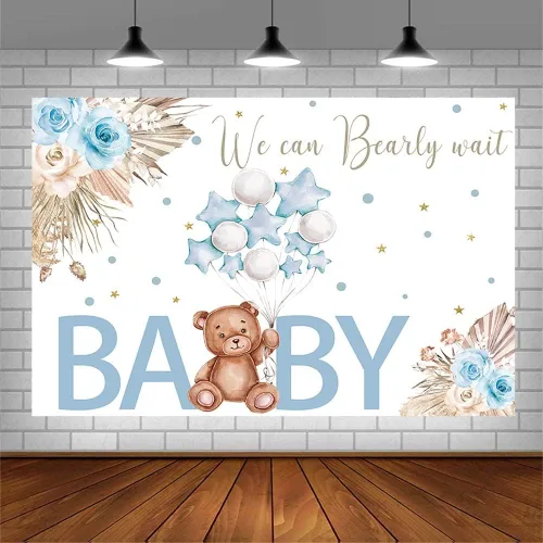Vista 3 de AIBIIN Telón de fondo para baby shower de oso de 7 x 5 pies para niño, We Can Bearly Wait to Meet You, azul, bohemio, floral, globo de pampas