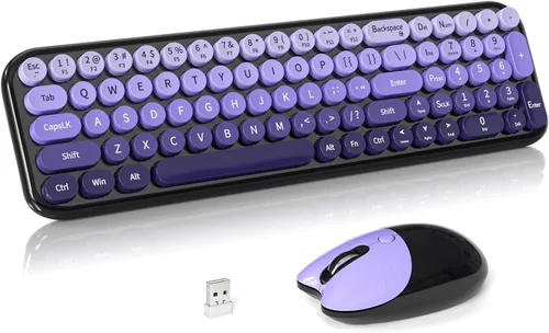 Vista 20 de Combo de teclado y mouse inalámbricos, 2.4 GHz degradado colorido de tamaño completo retro con mouse inalámbrico para PC/computadora