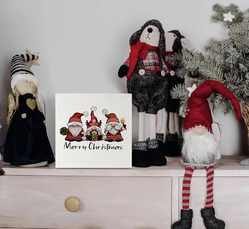 Vista 3 de KEUSPI Letrero de madera con texto en inglés "Merry Christmas", placa de madera de gnomo de Navidad, decoración para mesa, letreros de gnomos