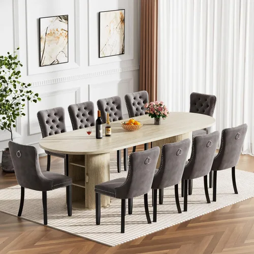 Vista 20 de Mesa de comedor redonda extensible de 94 pulgadas con base de almacenamiento, mesa de comedor expandible natural para 10, mesa de comedor de madera