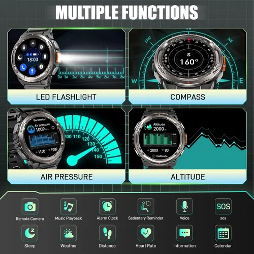 Vista 4 de Reloj inteligente militar para hombre con llamada/linterna LED, 3ATM, resistente al agua, 1.45 pulgadas, HD, resistente, táctico, con brújula