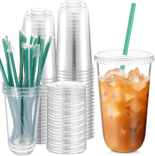 Vista 11 de Baderke Juego de 25 vasos de plástico con tapas y pajitas, tazas de plástico desechables para café helado, jugo, batido, cristal para cafeterías