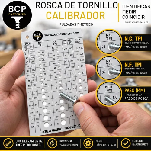 Vista 5 de Medidor de rosca de tornillo Métrico y SAE Recomienda el tamaño de broca y macho de roscar (BCP675)
