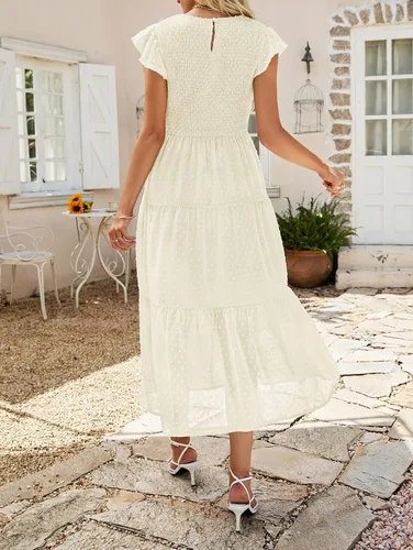 Vista 4 de MEROKEETY Vestido midi fruncido de manga corta de verano para mujer vestidos escalonados con vuelo de punto suizo