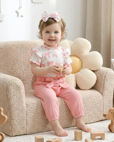 Vista 2 de SUNNY PIGGY Ropa para bebé recién nacida, 4 piezas, lindos trajes de otoño Rosa (Bow Pink)