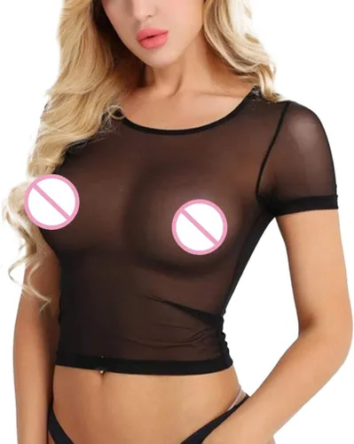 Vista 3 de Lencería de encaje transparente para mujer, de manga corta, sexy, transparente, ropa interior casual y cómoda, Negro, blanco