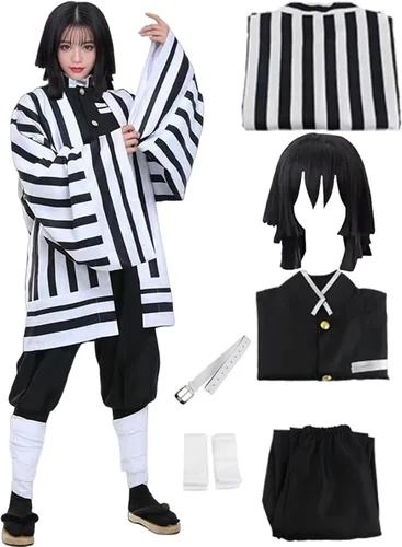 Vista 6 de Iguro - Disfraz de cosplay para adultos, kimono, bata, uniforme de Halloween, conjunto completo con peluca