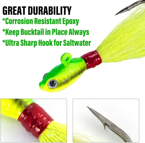 Vista 3 de Dr.Fish Paquete de 3 señuelos de cola de cubo para el cabello, señuelos de agua salada y dulce para pesca de surf, pesca, blanco, rojo, Chartreuse