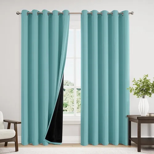Vista 102 de ChrisDowa Cortinas 100% opacas de 63 pulgadas de largo para dormitorio con forro negro, 2 capas gruesas totalmente opacas con aislamiento térmico