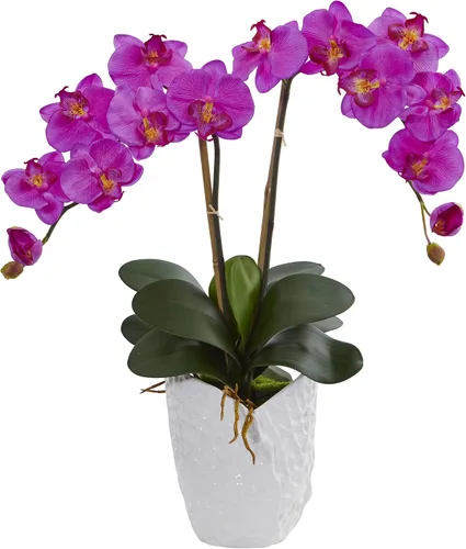 Vista 2 de Nearly Natural Arreglo artificial de doble orquídea Phalaenopsis orquídea blanca de cerámica, color rosa oscuro
