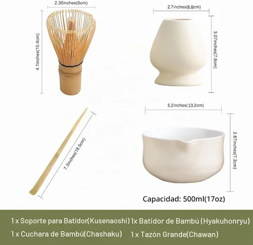 Vista 3 de Ochcahser Juego de matcha de cerámica, incluye cuenco de matcha con boquilla, soporte para batidor de matcha (chasen), batidor de bambú y cuchara