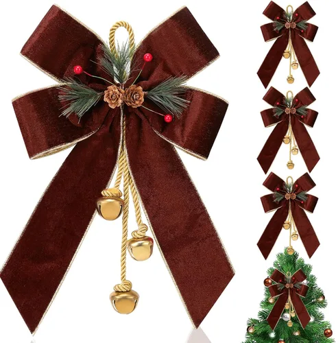 Vista 13 de Yinkin Corona de Árbol de Navidad Lazo Lazos de Cinta de Navidad con Campanas 11 x 7.8 pulgadas Terciopelo Cono de Pino Lazo Adornos Colgantes