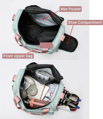 Vista 221 de Pequeña bolsa de gimnasio para mujer, bolsa de viaje con compartimento para zapatos