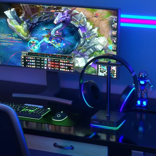 Vista 6 de J Elektro Regleta de alimentación con USB RGB02 soporte para auriculares con función RGB multiinterfaz, puertos de carga rápida, amplia
