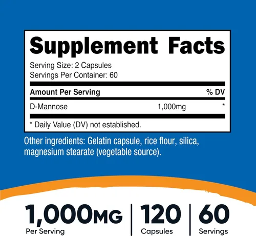 Vista 2 de Nutricost D-manosa 1000 mg por porción, 120 cápsulas – 500 mg por cápsula, salud del tracto urinario, sin OMG y sin gluten