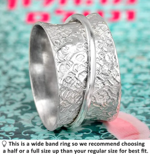 Vista 3 de Boho-Magic Anillo giratorio de plata de ley 925 para mujer, anillo martillado para inquietos, banda ancha