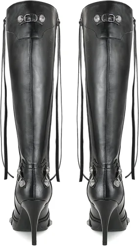 Vista 4 de Dsevht Botas altas hasta la rodilla negras de aguja para mujer, botas de tacón alto de moda con cremallera