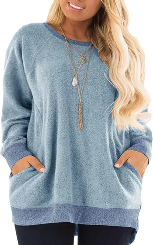 Vista 6 de DOLNINE Sudaderas de talla grande para mujer, con bloques de color, manga larga, con bolsillo 01_ negro