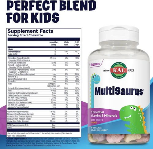 Vista 2 de KAL MultiSaurus - Multivitaminas masticables para niños, 11 vitaminas y minerales esenciales para niños, bayas, uva, naranja, sin gluten y fructosa