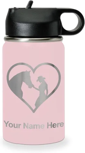 Vista 78 de LaserGram Botella de agua personalizada, corazón de vaquera de caballo, acero inoxidable de doble pared aislada al vacío con popote superior, regalo