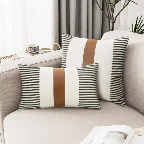 Vista 2 de JASEN Juego de 2 fundas de almohada estilo granja de piel sintética marrón, fundas decorativas modernas para sofá, dormitorio, sala de estar