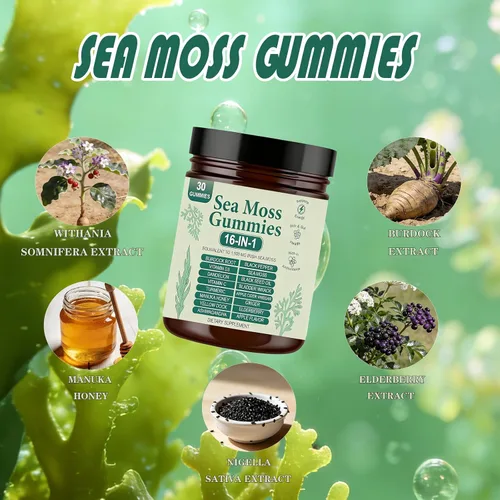 Vista 5 de Gomitas de musgo marino 16 en 1, suplemento orgánico de musgo marino irlandés para apoyo inmunológico, digestión, energía, vegano, sin OMG