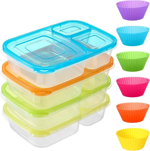 Vista 5 de Tanlade 4 piezas Bento Snack Box con 12 piezas de silicona para cupcakes forros para almuerzo, contenedores reutilizables de 3 compartimentos